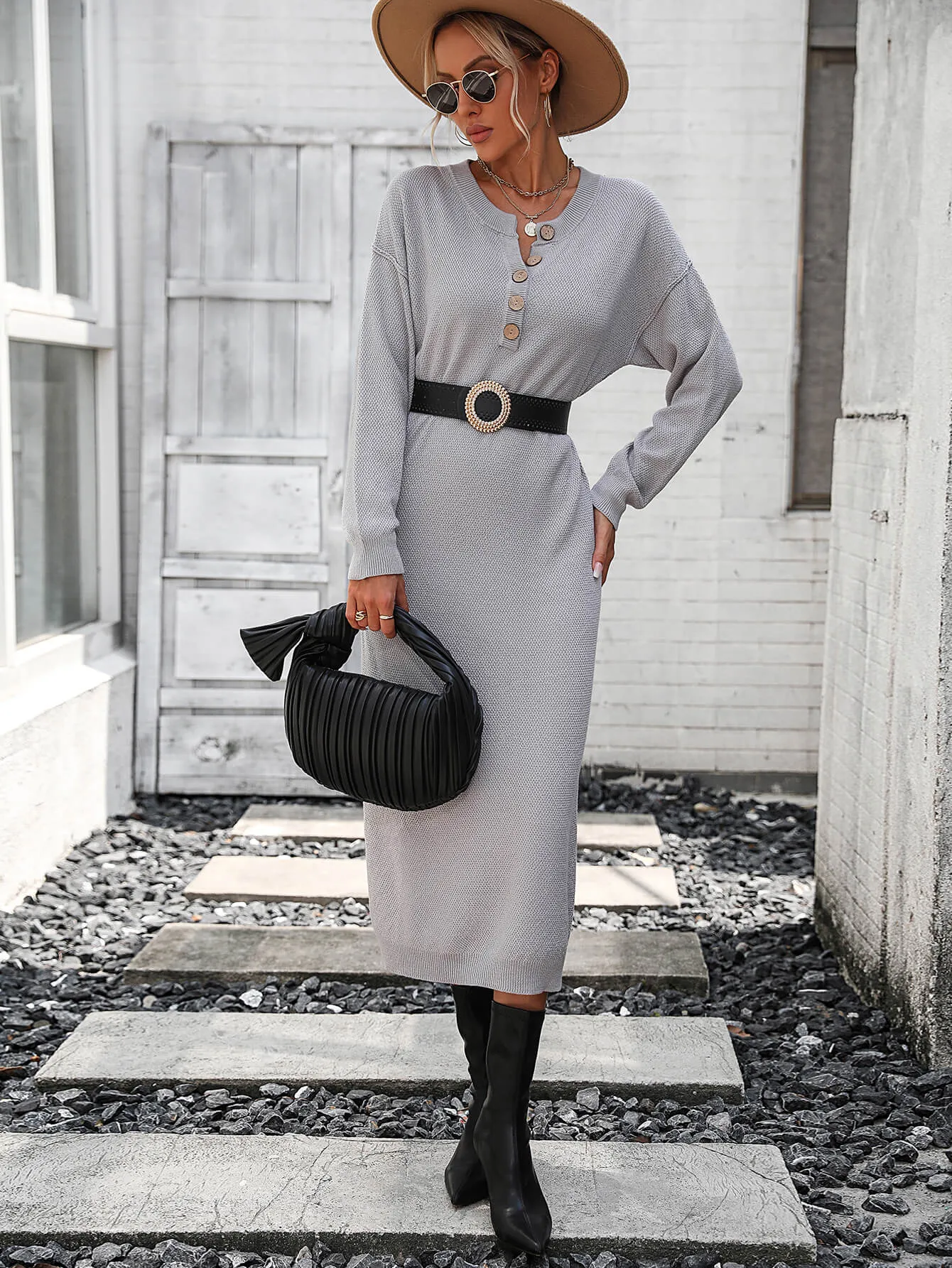 Massey Knit Midi Sweater Dress - Grey