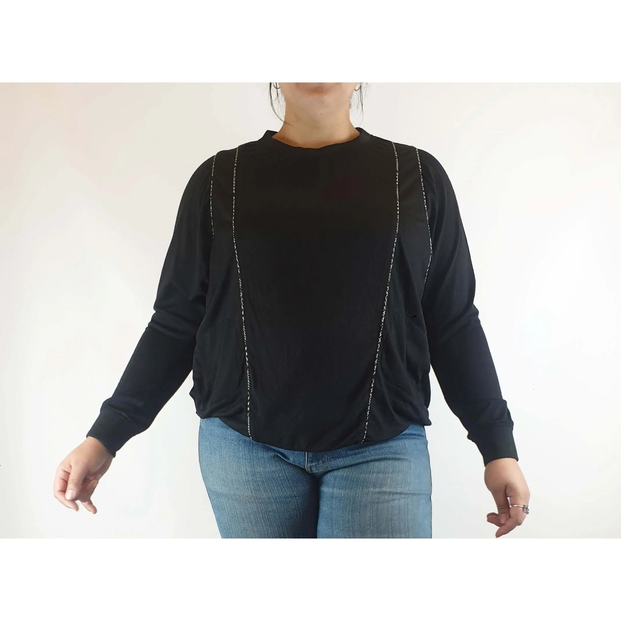 Megan Park black 100% wool jumper with unique embellishments size L (best fits 14)