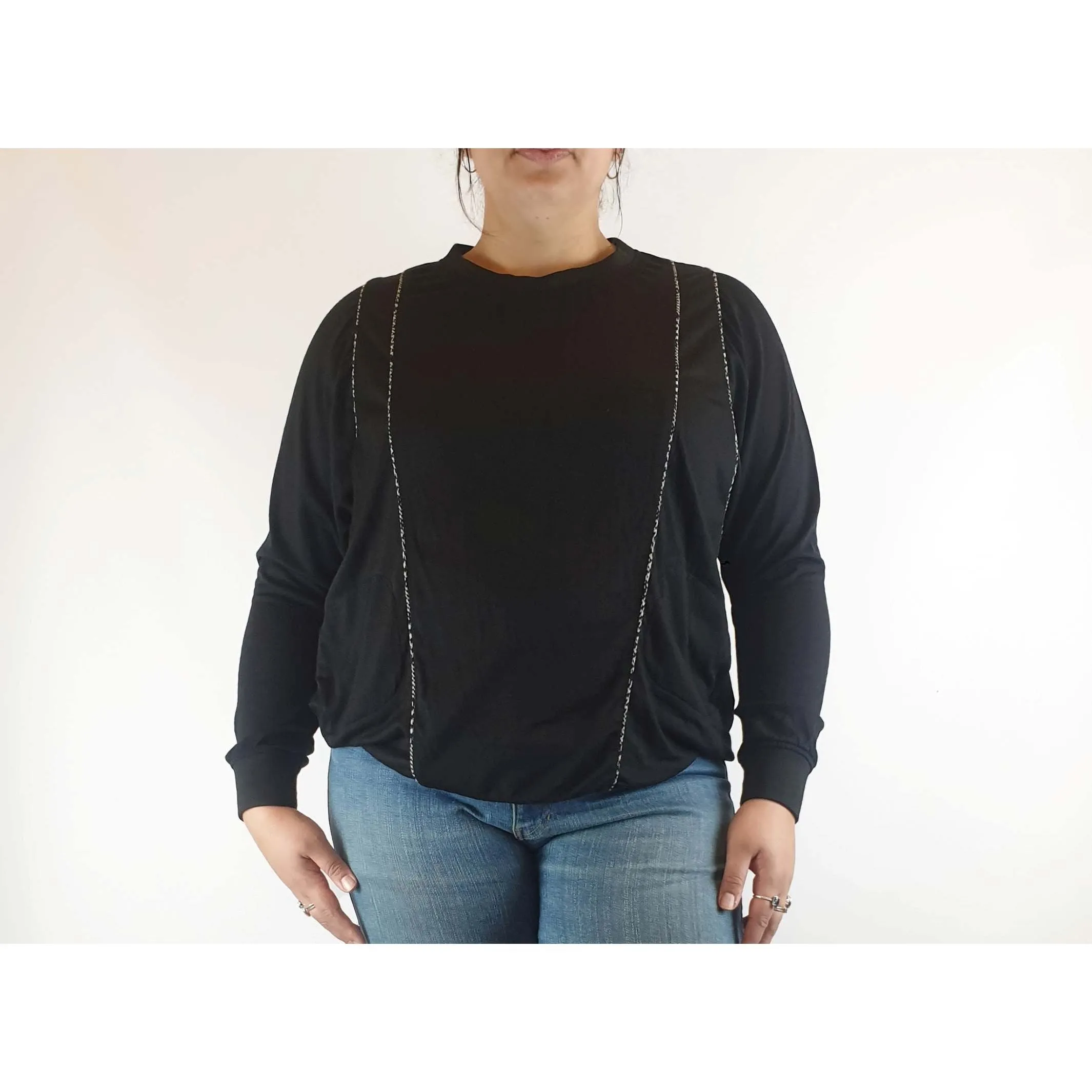 Megan Park black 100% wool jumper with unique embellishments size L (best fits 14)