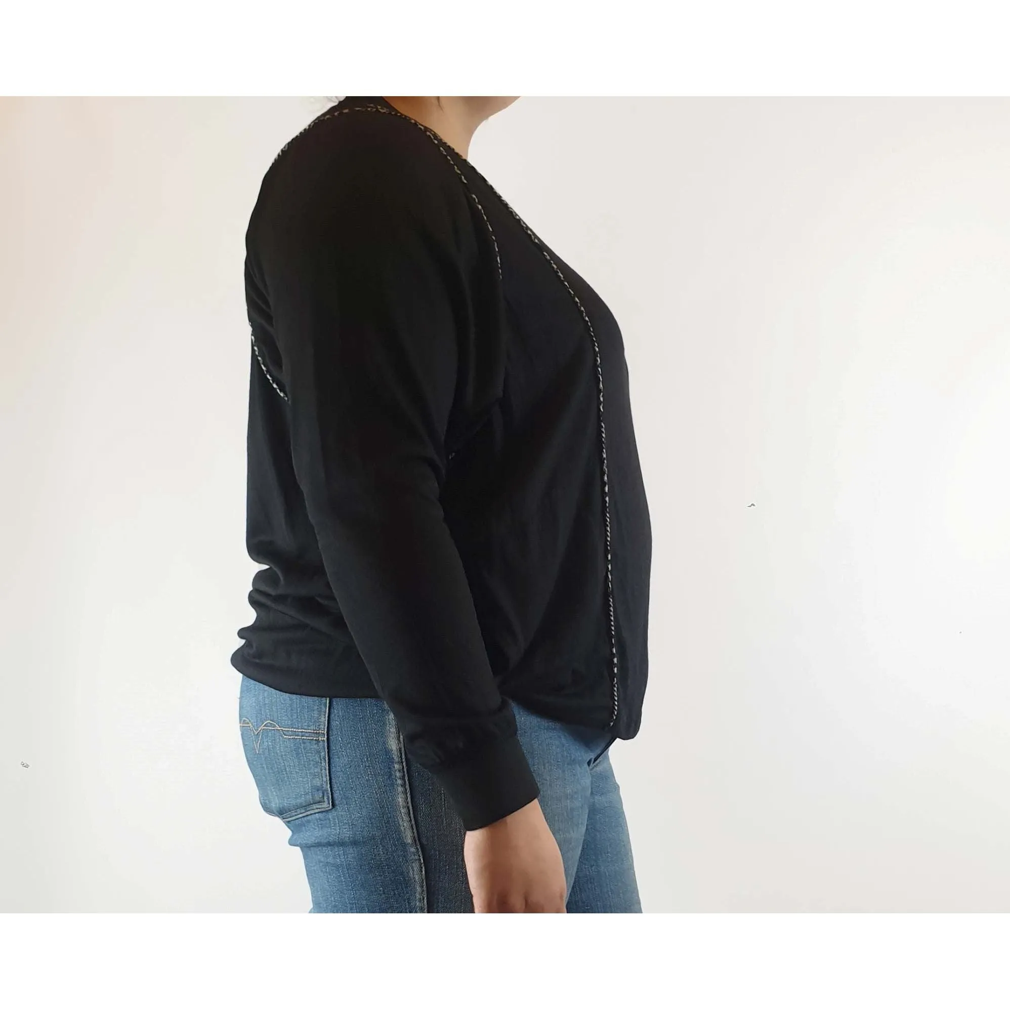 Megan Park black 100% wool jumper with unique embellishments size L (best fits 14)