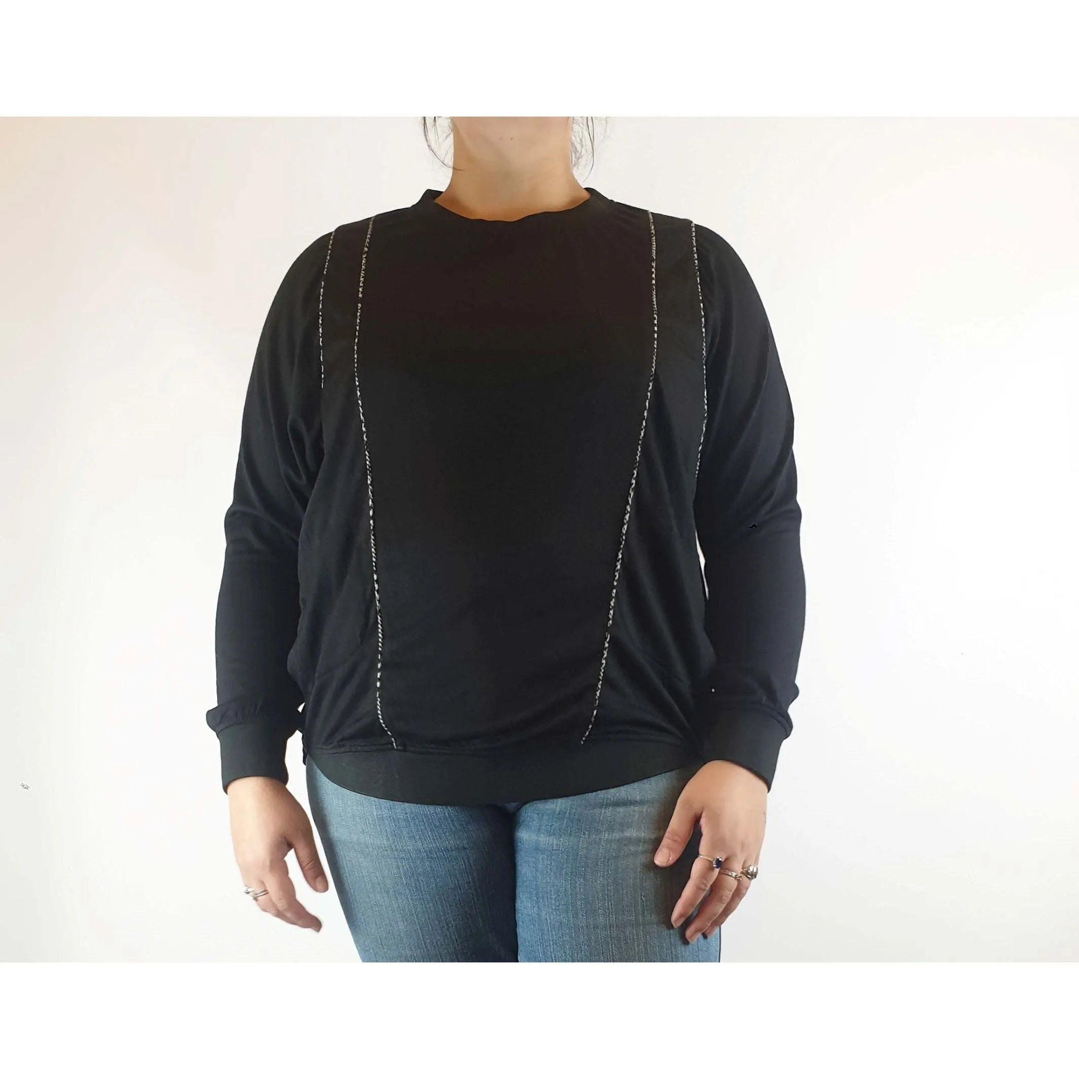 Megan Park black 100% wool jumper with unique embellishments size L (best fits 14)