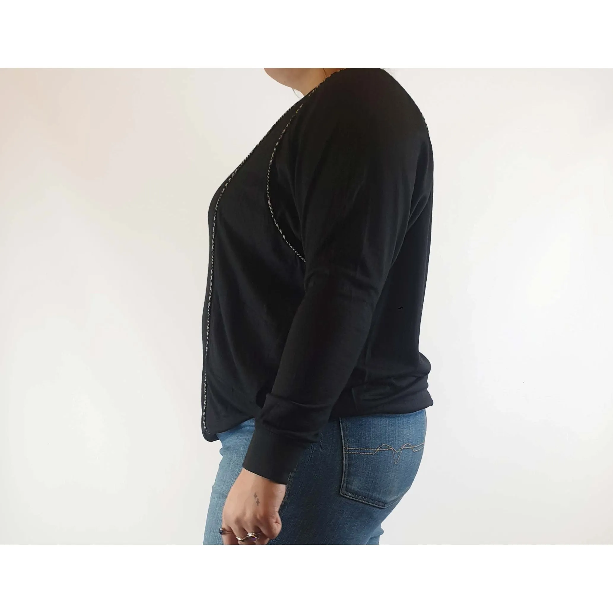 Megan Park black 100% wool jumper with unique embellishments size L (best fits 14)