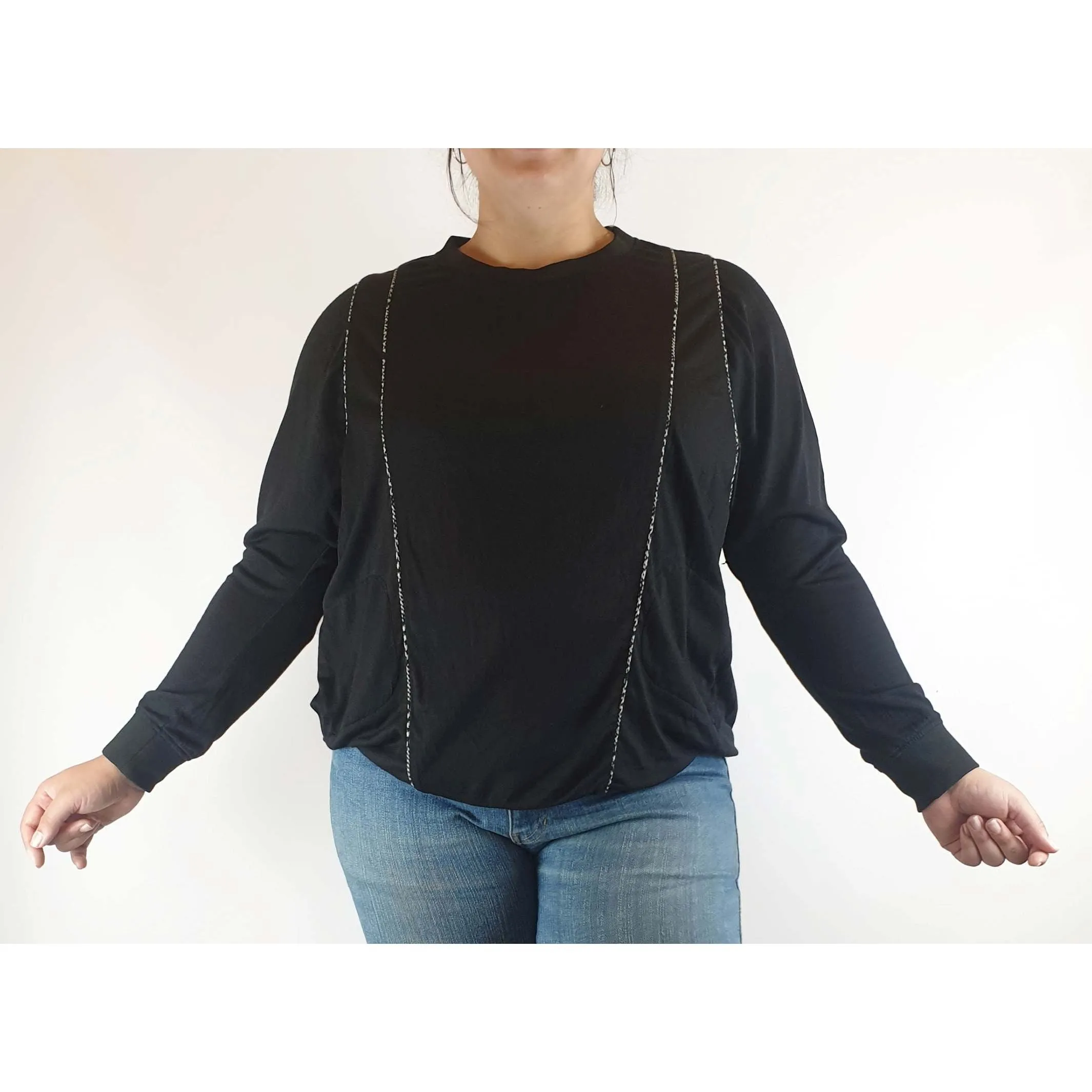 Megan Park black 100% wool jumper with unique embellishments size L (best fits 14)
