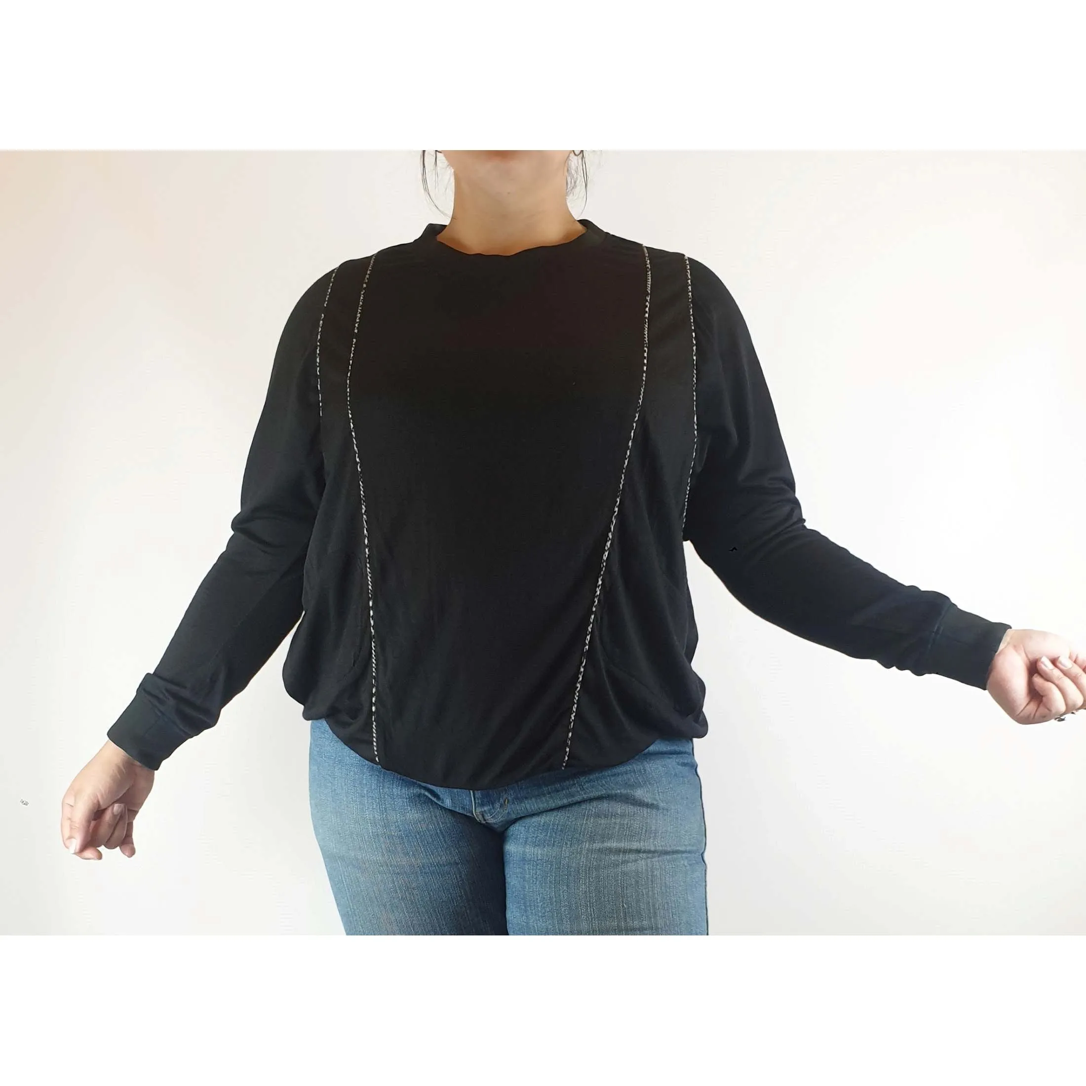 Megan Park black 100% wool jumper with unique embellishments size L (best fits 14)