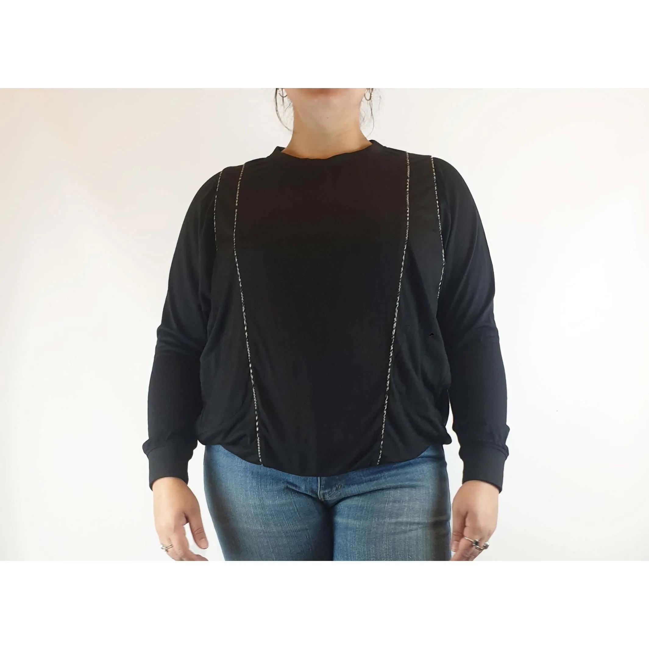 Megan Park black 100% wool jumper with unique embellishments size L (best fits 14)