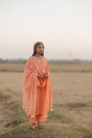 Melon kurta set with printed dupatta