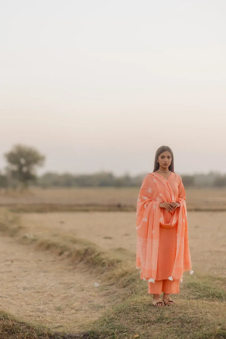 Melon kurta set with printed dupatta