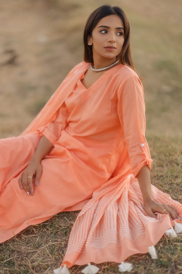 Melon kurta set with printed dupatta