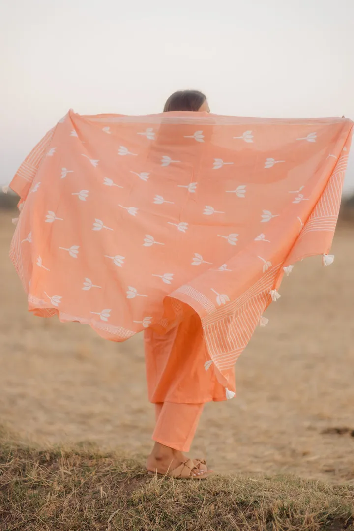 Melon kurta set with printed dupatta