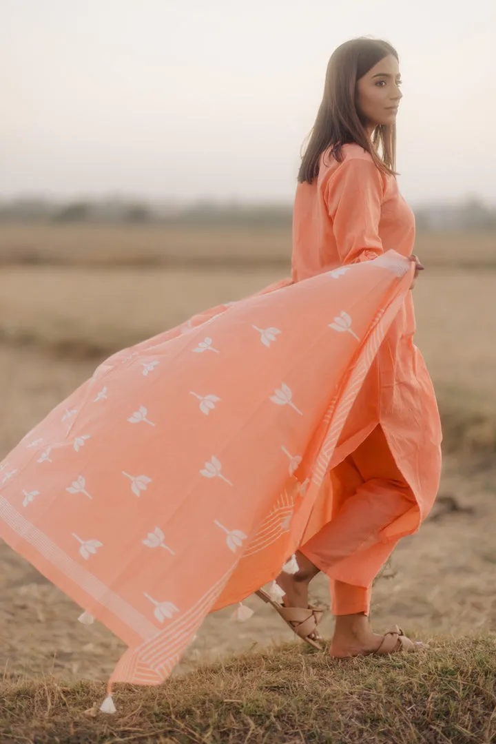 Melon kurta set with printed dupatta