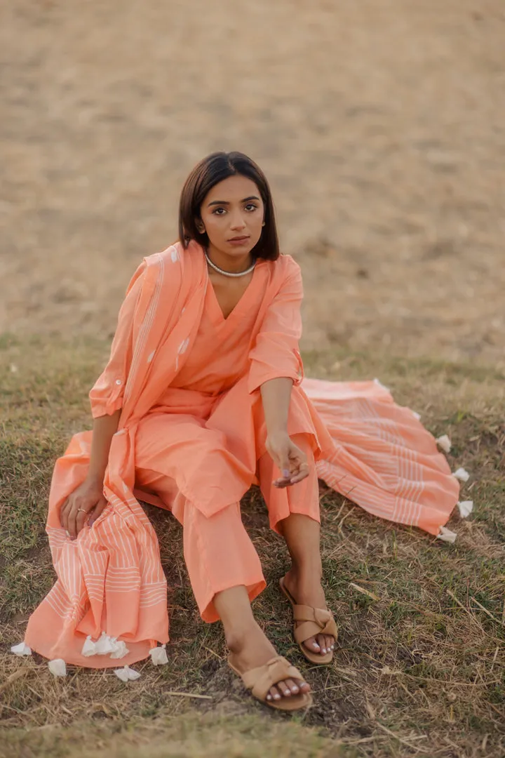 Melon kurta set with printed dupatta