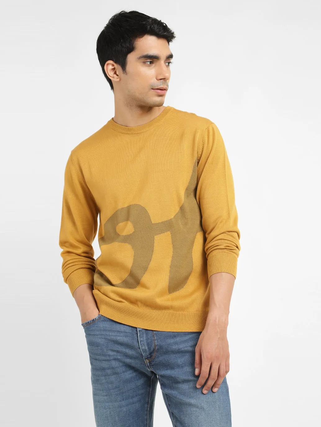 Men's Solid Yellow Crew Neck Sweater