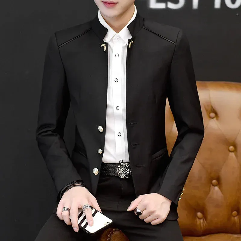 Men's Stand Collar Casual Suit Jackets Solid Color Stitching Three Button Mens Blazer Coats