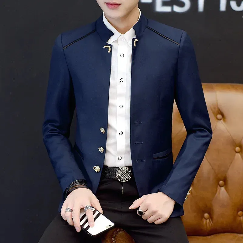 Men's Stand Collar Casual Suit Jackets Solid Color Stitching Three Button Mens Blazer Coats