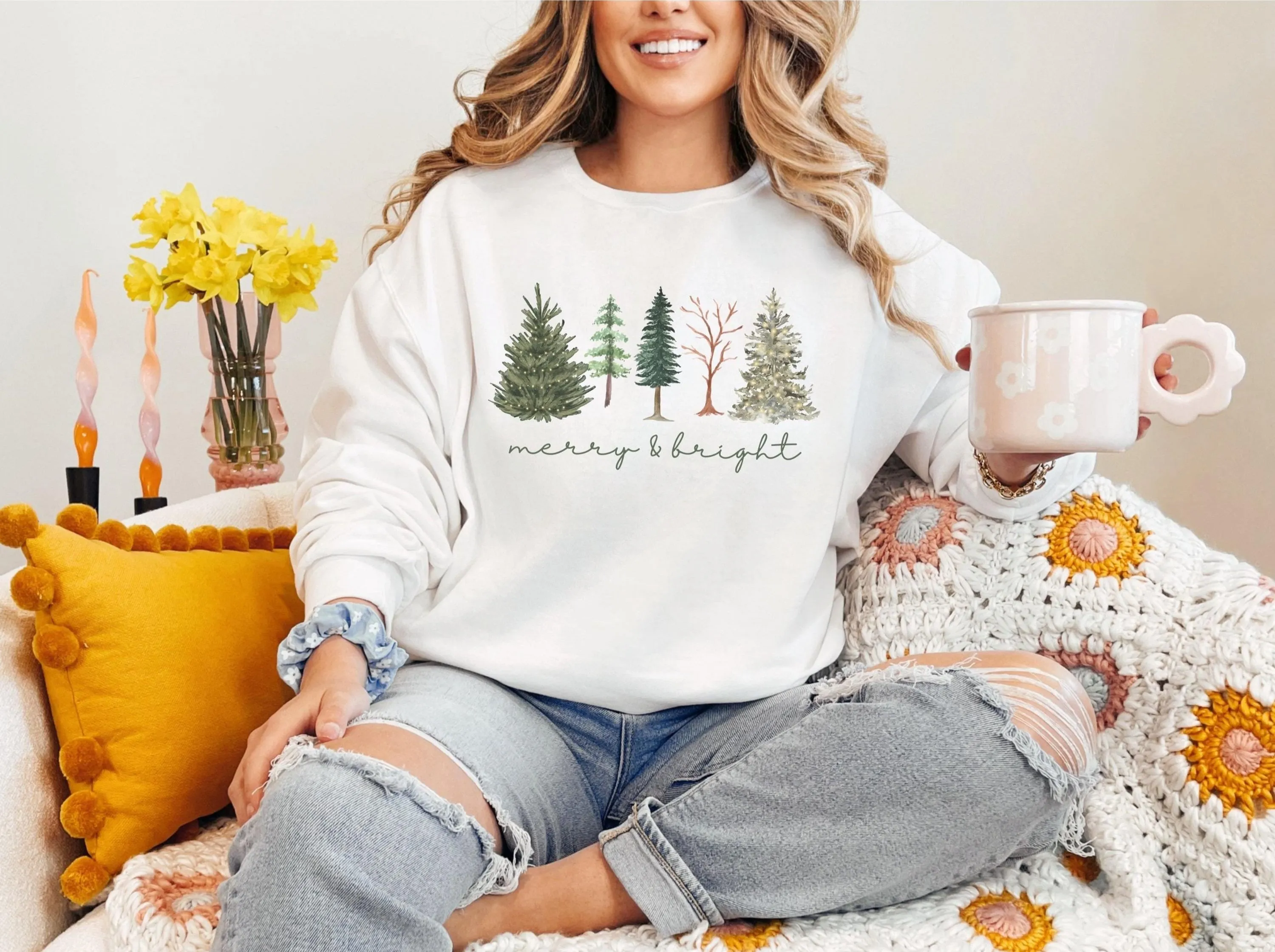 Merry and Bright Five Christmas Tree Sweatshirt