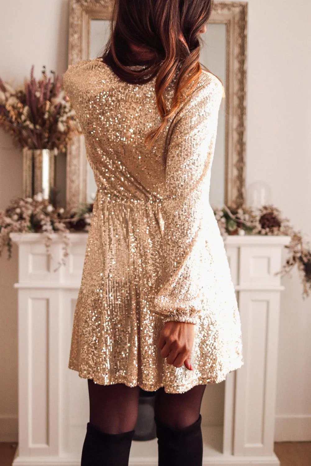 Mini Dress with Sequin Print and V-Neck