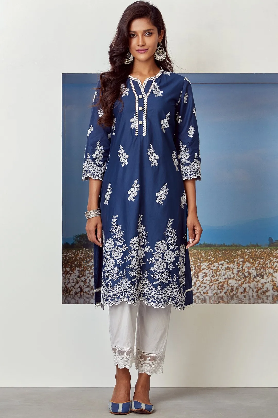 Mulmul Cotton Moon Light Navy Kurta With Floral Organza Pyajama White