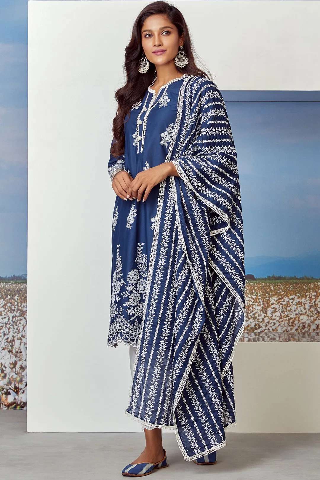 Mulmul Cotton Moon Light Navy Kurta With Floral Organza Pyajama White