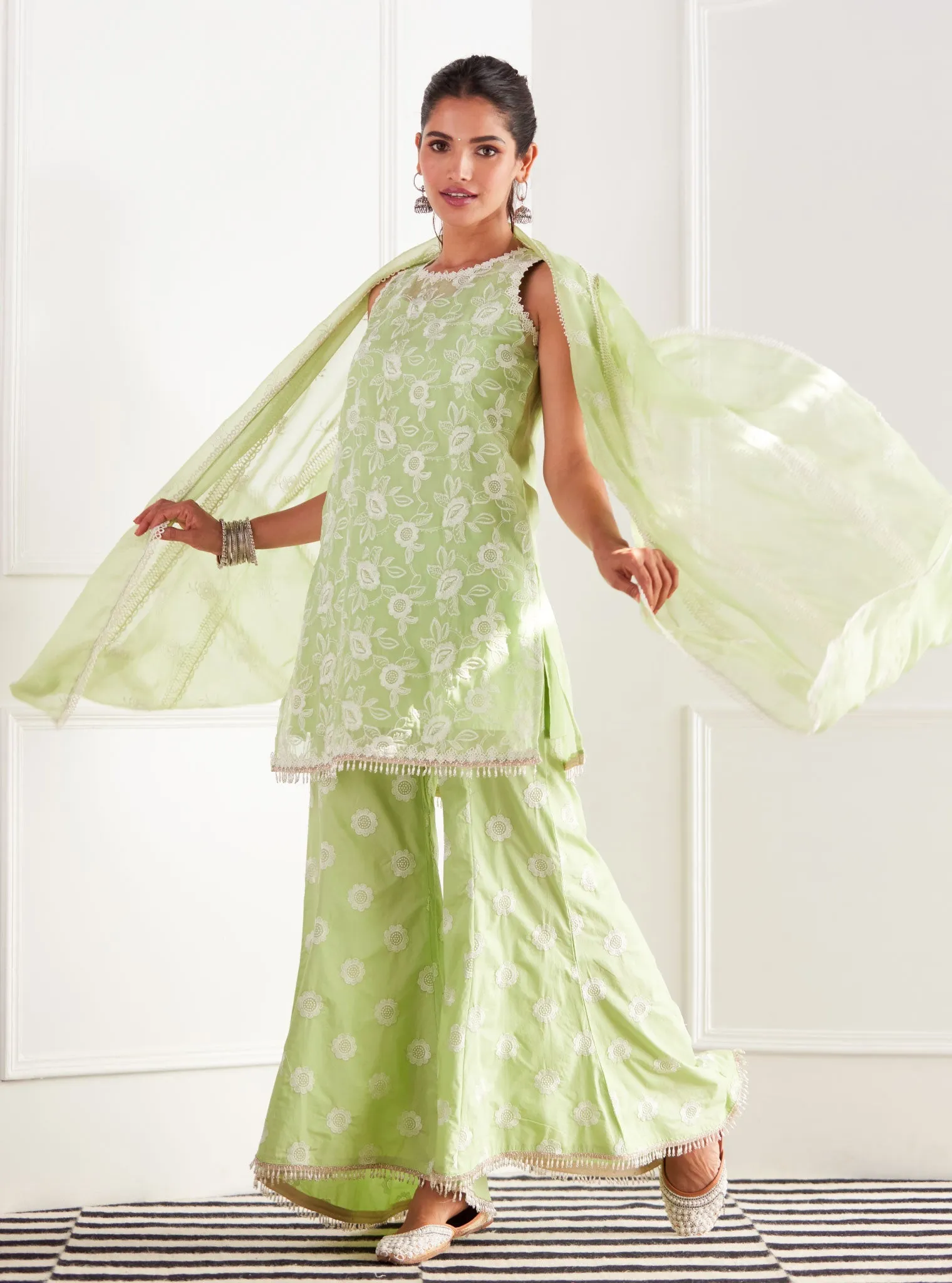 Mulmul Organza Cleo Green Kurta With Cotton Cleo Green Bell Bottom
