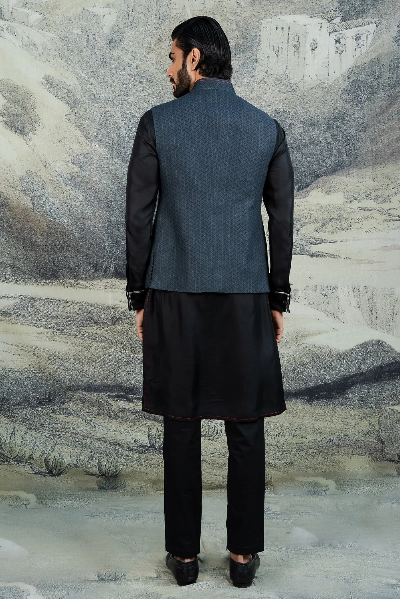 Navy Blue Chevron Nehru Jacket