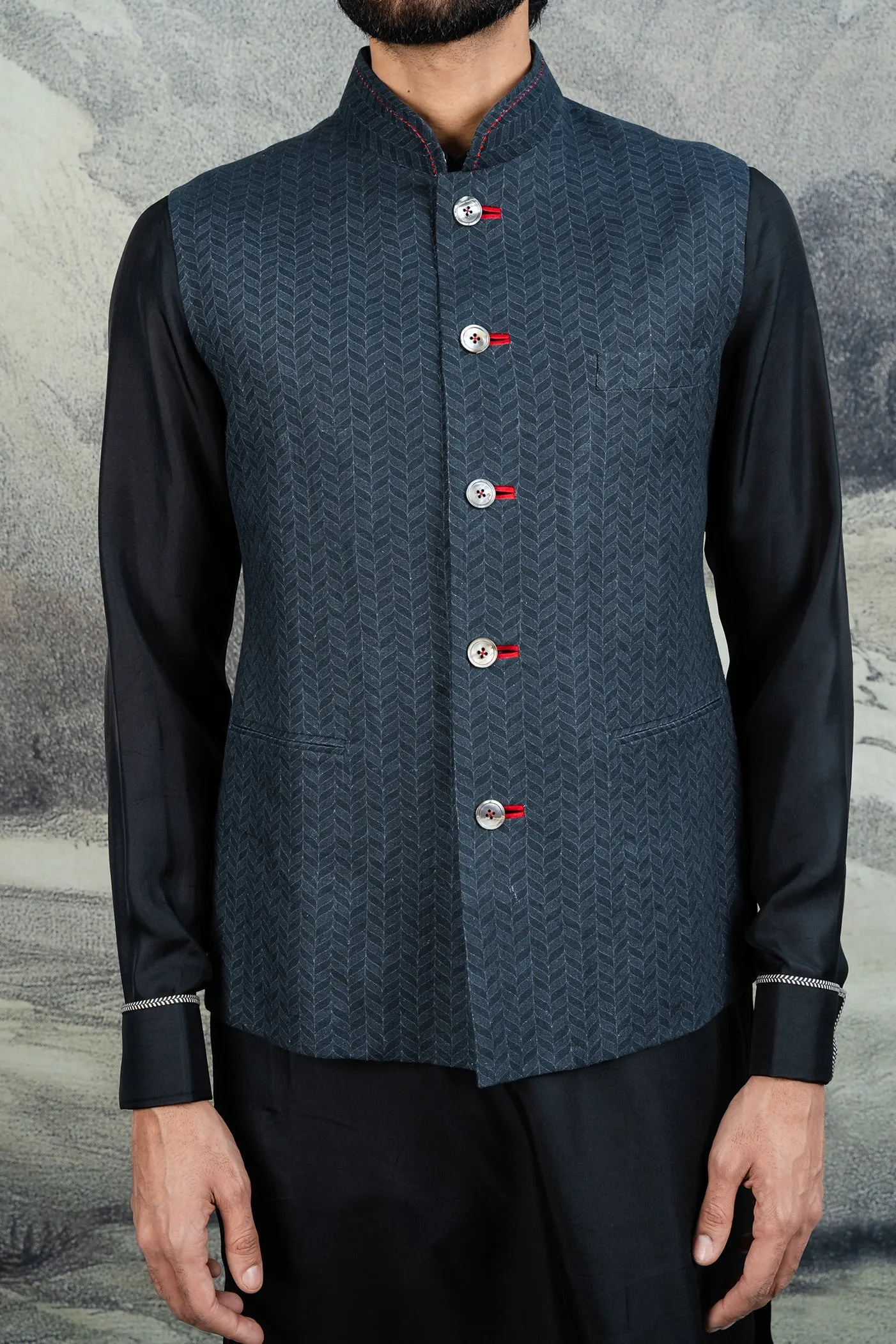 Navy Blue Chevron Nehru Jacket
