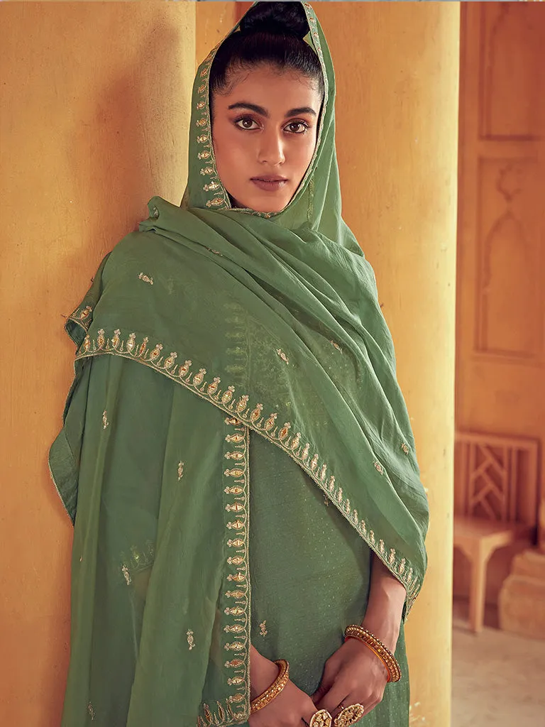 Olive Straight Zarodosi Work Kurta With Solid Pants & Embroidered Dupatta
