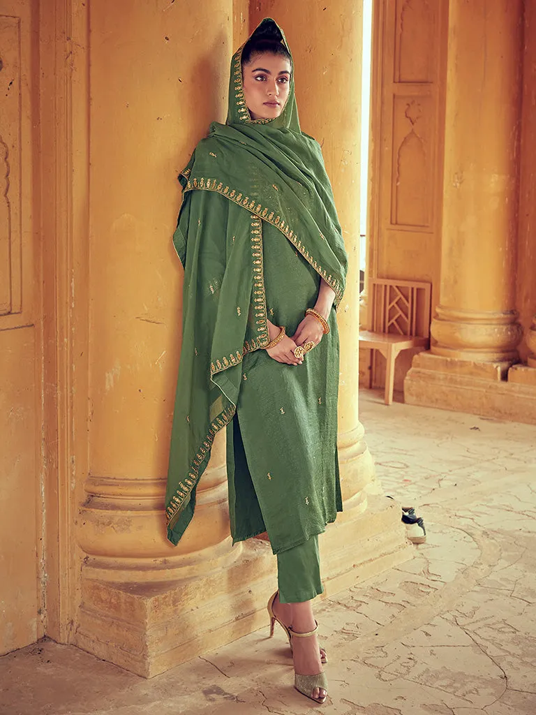Olive Straight Zarodosi Work Kurta With Solid Pants & Embroidered Dupatta