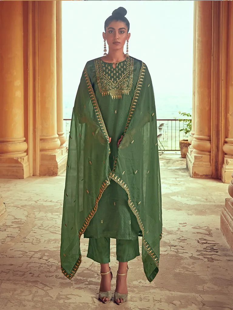 Olive Straight Zarodosi Work Kurta With Solid Pants & Embroidered Dupatta