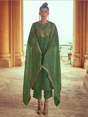 Olive Straight Zarodosi Work Kurta With Solid Pants & Embroidered Dupatta