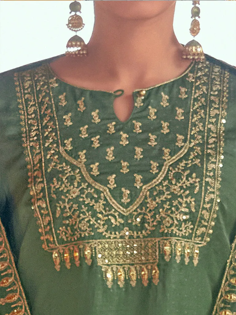 Olive Straight Zarodosi Work Kurta With Solid Pants & Embroidered Dupatta