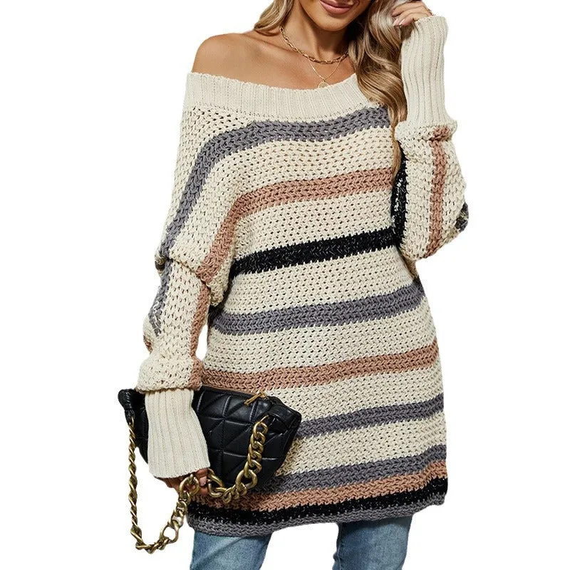 One Shoulder Knit Top Casual Loose Bat Sleeve Striped Sweater Wholesale Womens Clothing N3824091200153