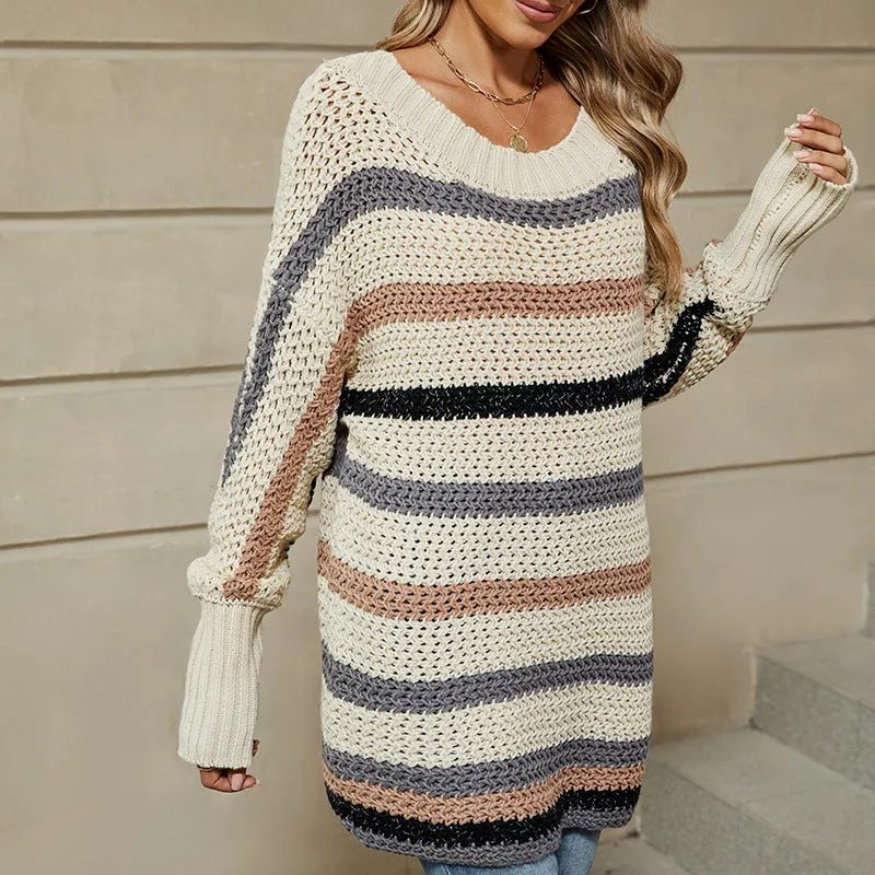 One Shoulder Knit Top Casual Loose Bat Sleeve Striped Sweater Wholesale Womens Clothing N3824091200153