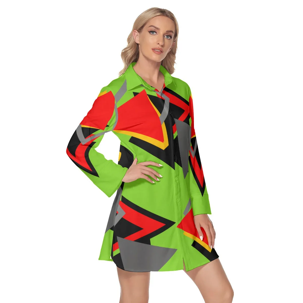 Origen Destination |On-Arrival Point of Origen Dia-symbol Women's Lapel Shirt Dress With Long Sleeve