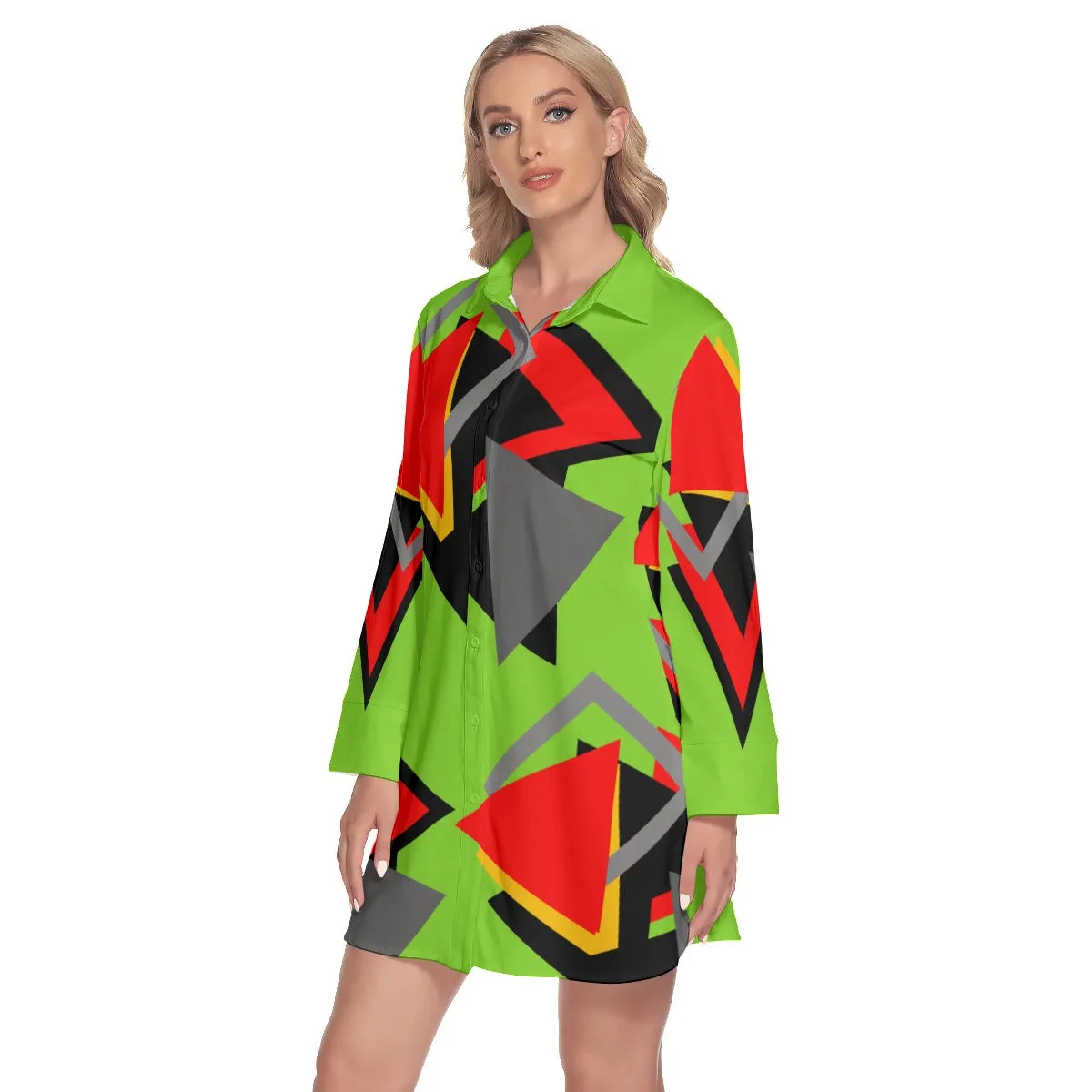 Origen Destination |On-Arrival Point of Origen Dia-symbol Women's Lapel Shirt Dress With Long Sleeve