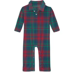 Peacock Plaid Long Sleeve Polo Romper- Holiday