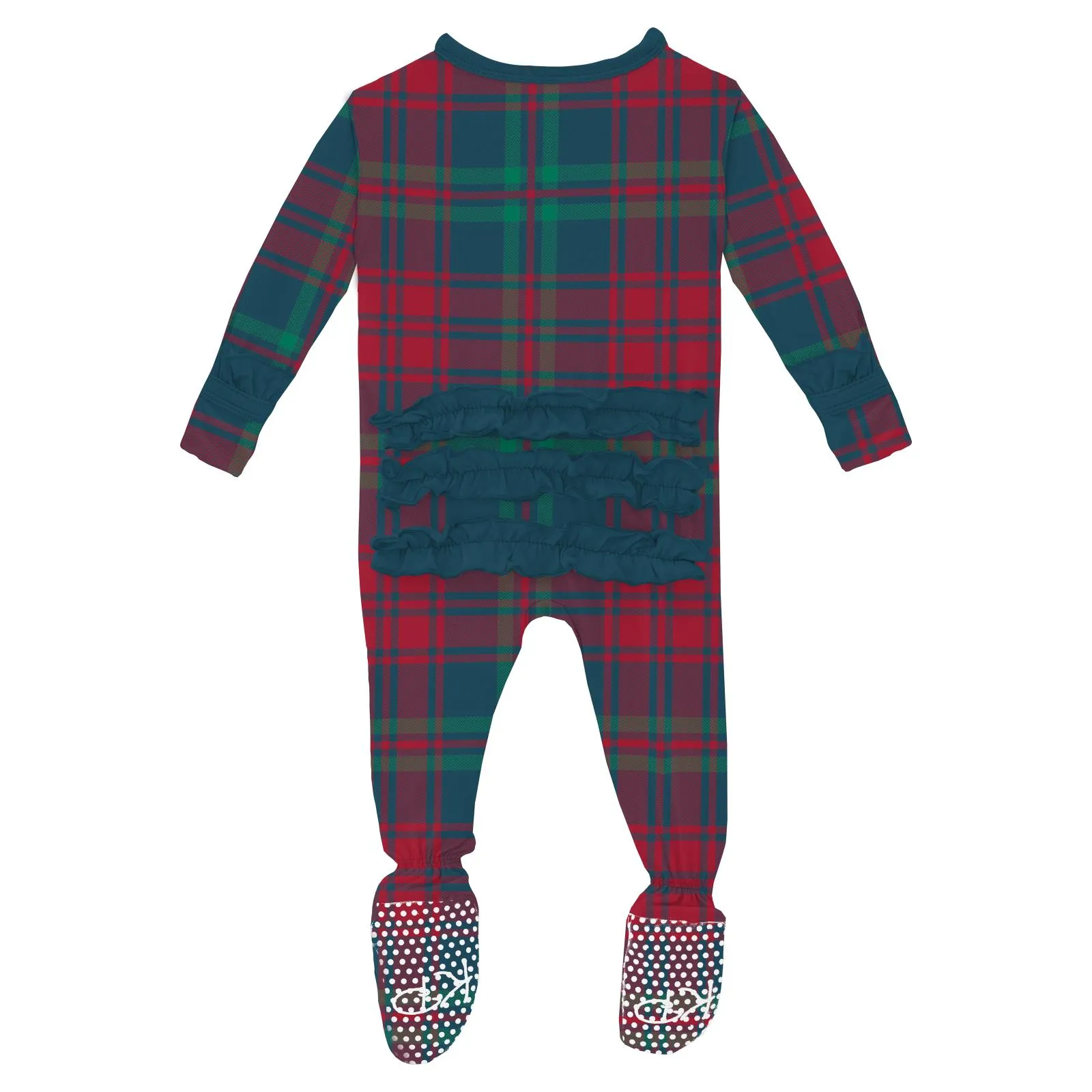 Peacock Plaid Ruffle Footie with 2-way zipper - Holiday