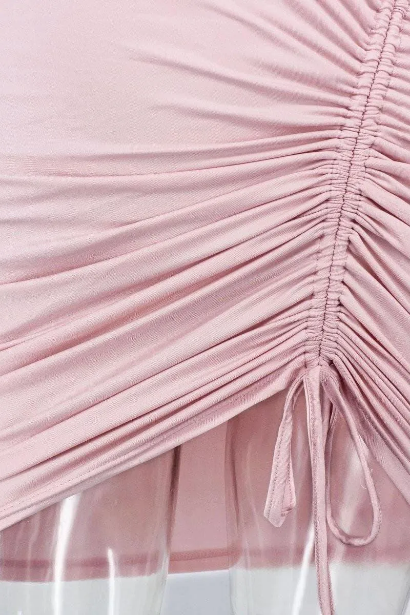 pink round neck long sleeve slim dress