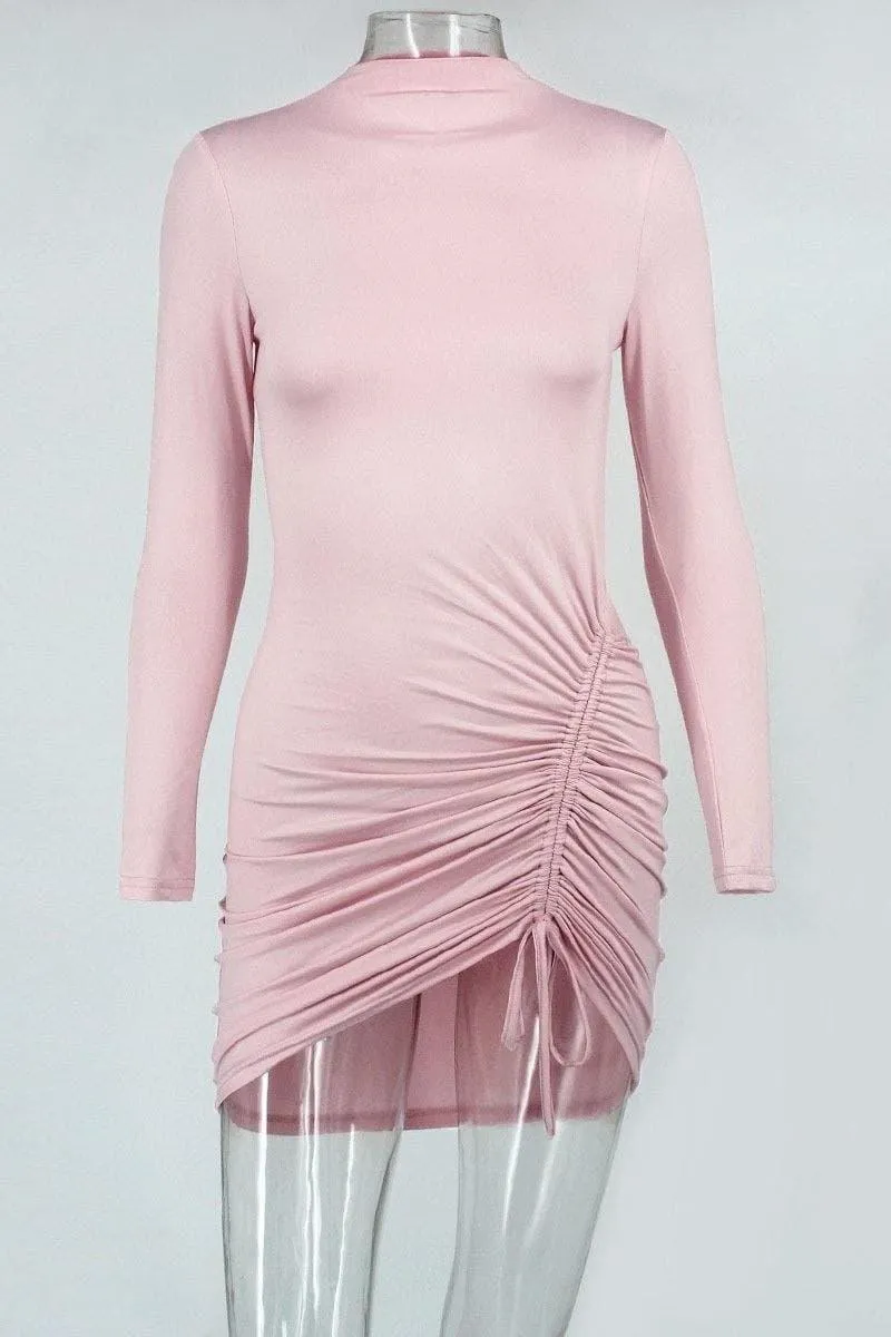 pink round neck long sleeve slim dress
