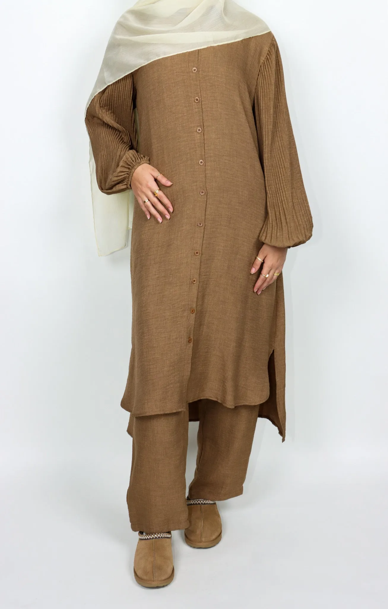 Pleated Sleeve Set - Coffee