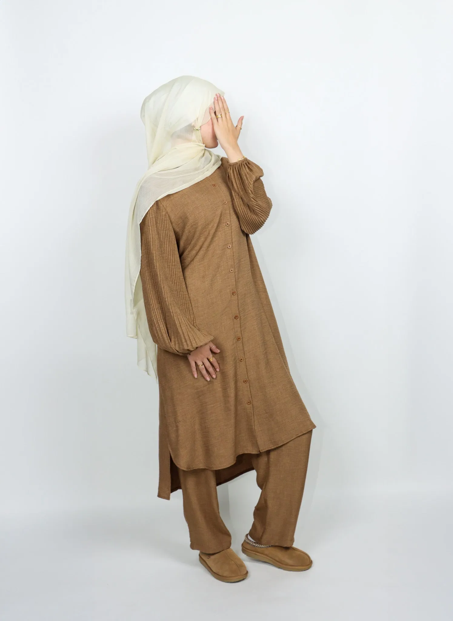 Pleated Sleeve Set - Coffee