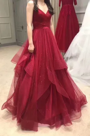 Pleated V-neckline Tulle Prom Dress with Horsehair Layered Skirt