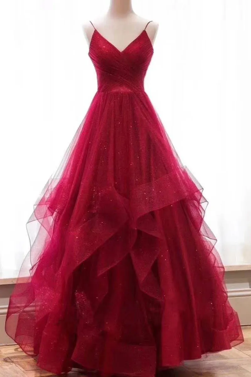 Pleated V-neckline Tulle Prom Dress with Horsehair Layered Skirt