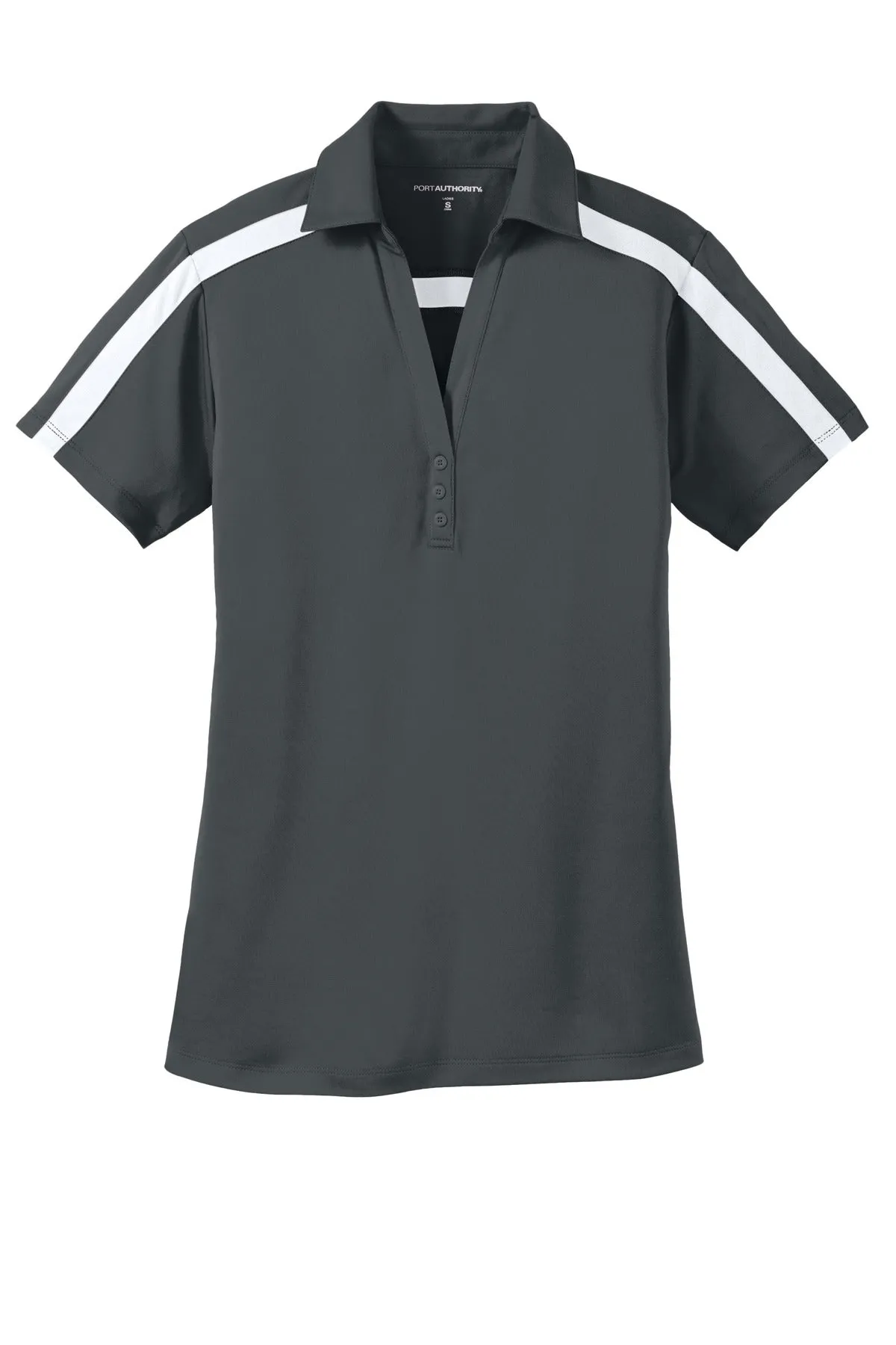 Port Authority Women's Silk Touch Performance Colorblock Stripe Polo. L547 Steel Grey/ White