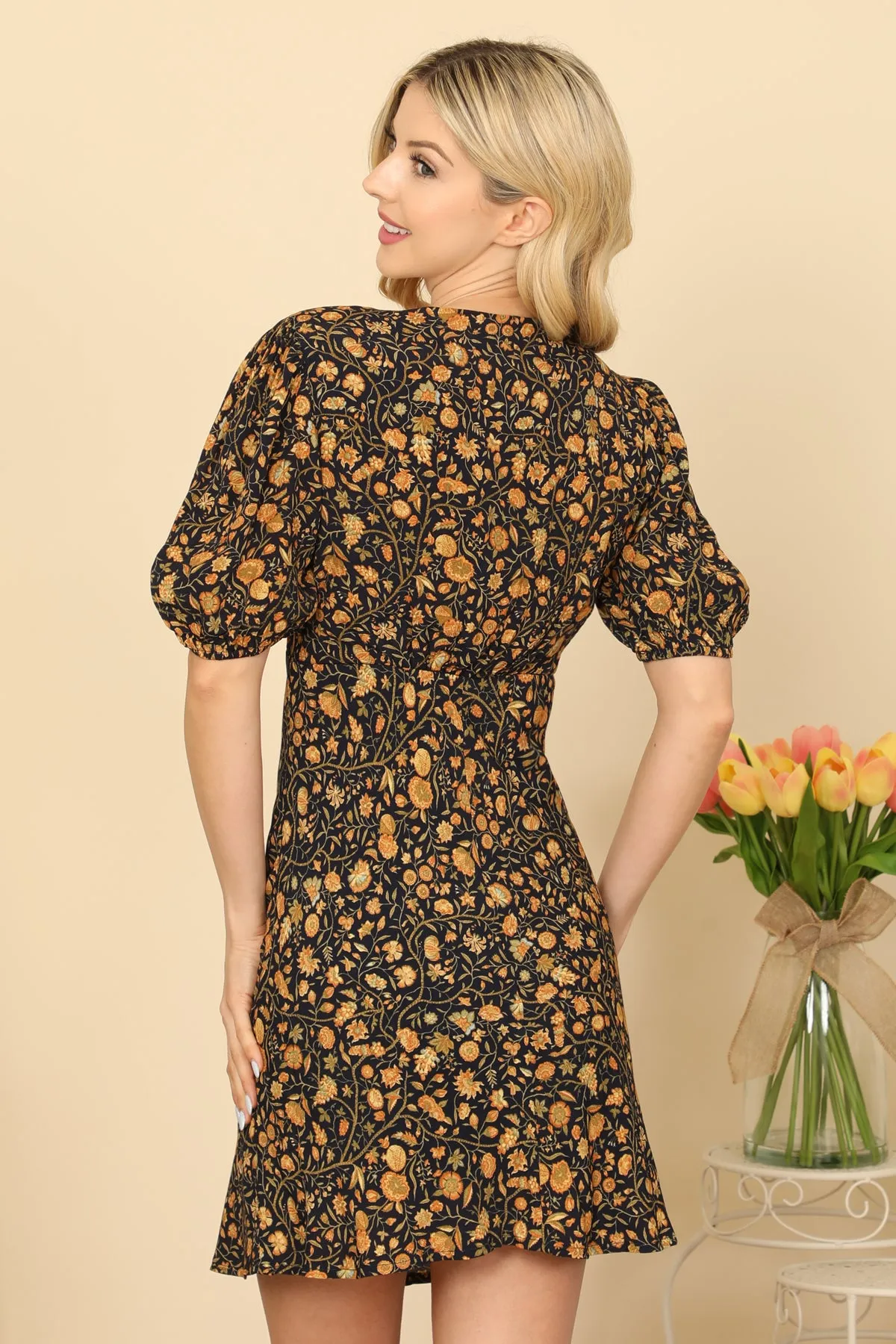 Puff Sleeve V-Neck Floral Dress