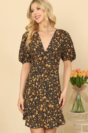 Puff Sleeve V-Neck Floral Dress