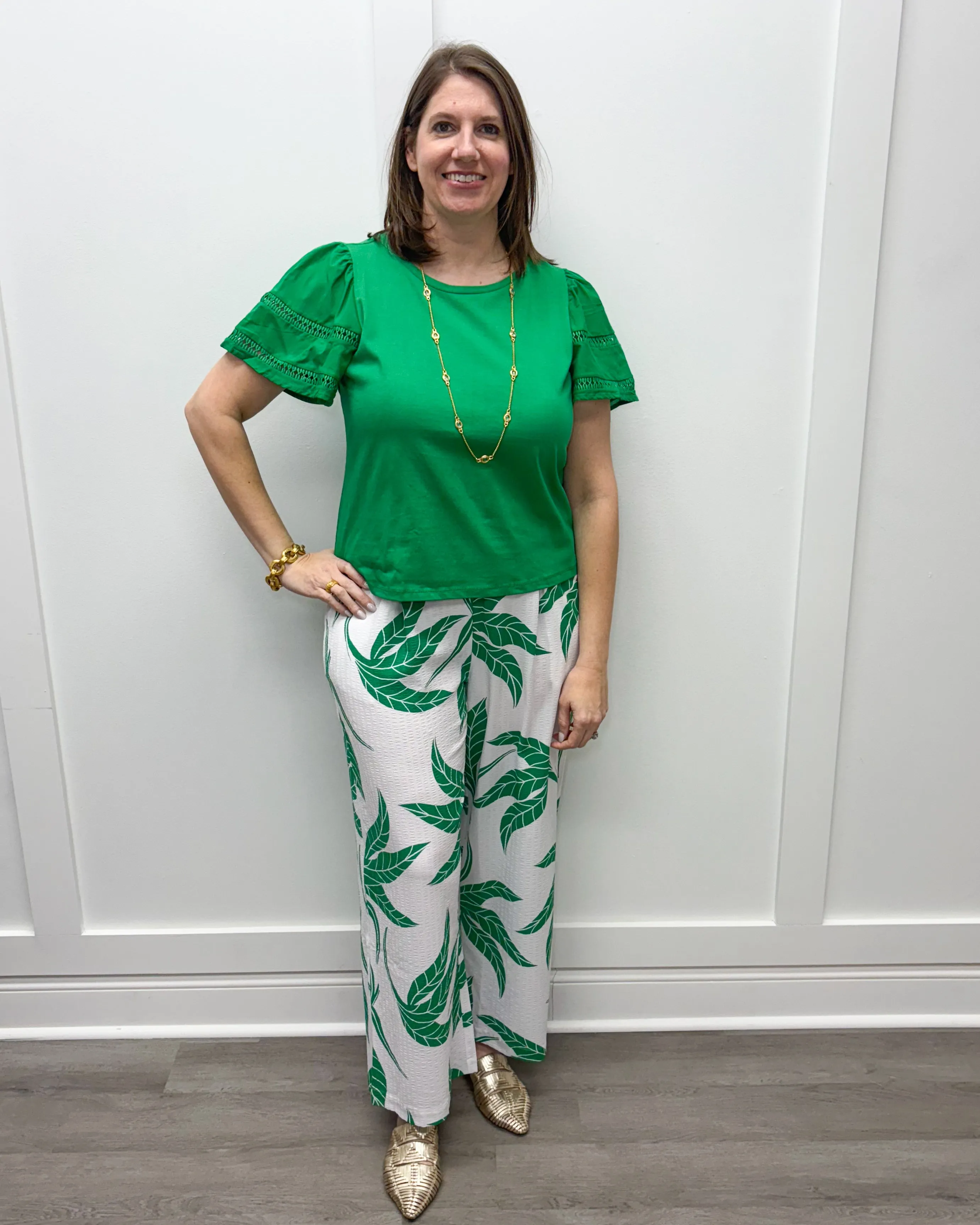 Pull On Ankle Pants w/ Pleats - Kelly/White Floral