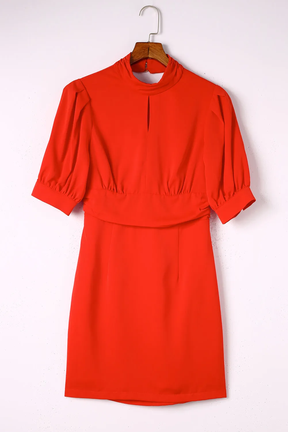 Red High Neck Lantern Sleeves Backless Mini Dress