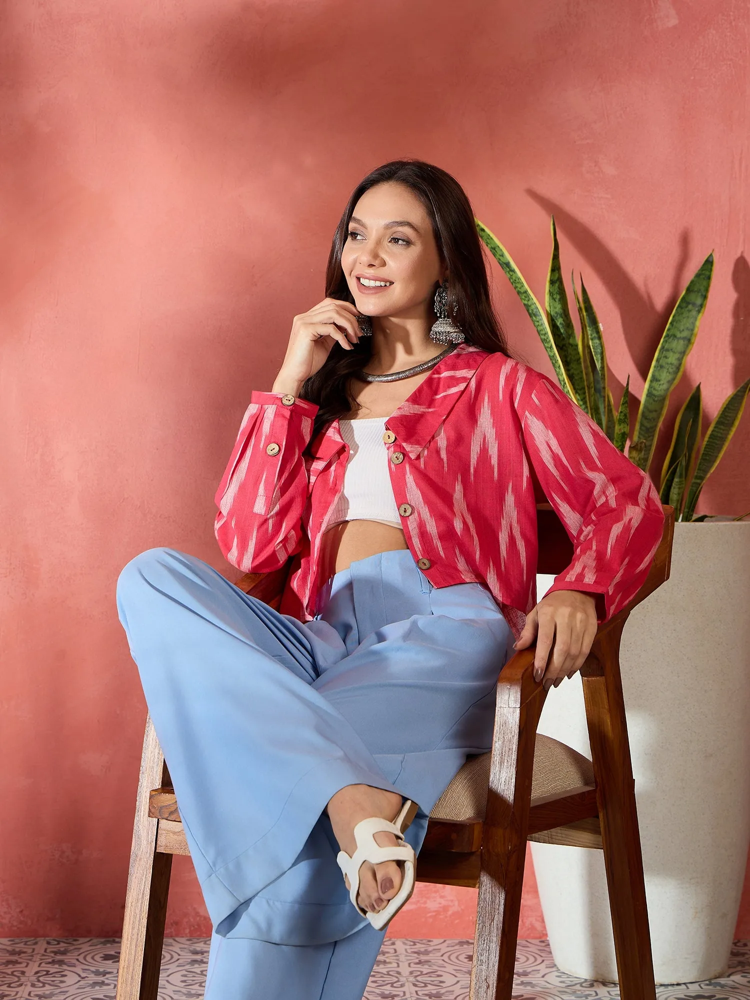Red Ikkat Collar Short Jacket