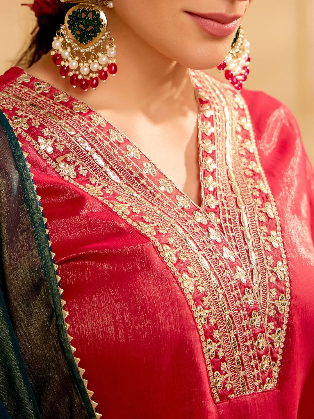 Red Zari Work Embroidered Festive Kurta Set With Dupatta
