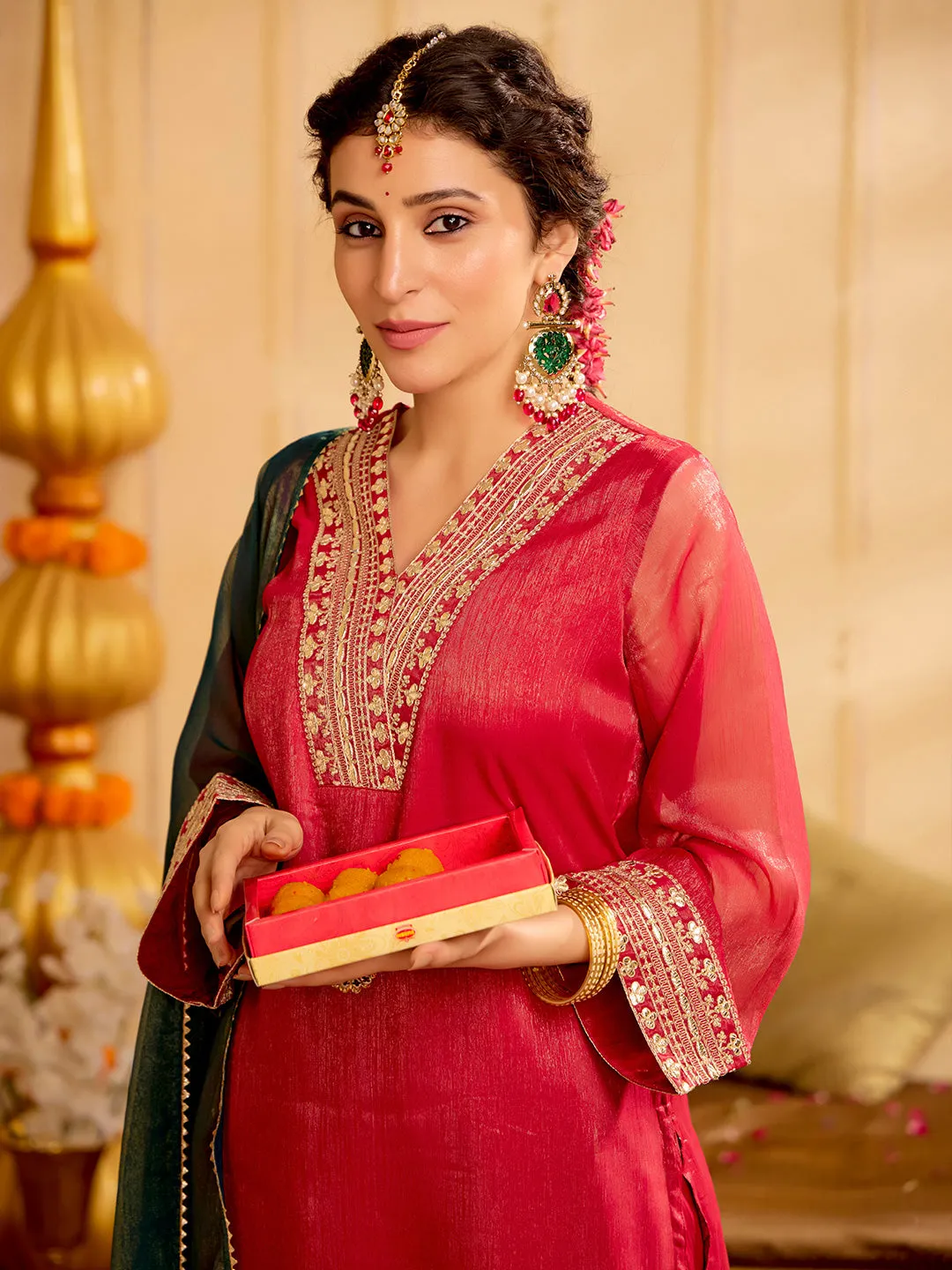 Red Zari Work Embroidered Festive Kurta Set With Dupatta